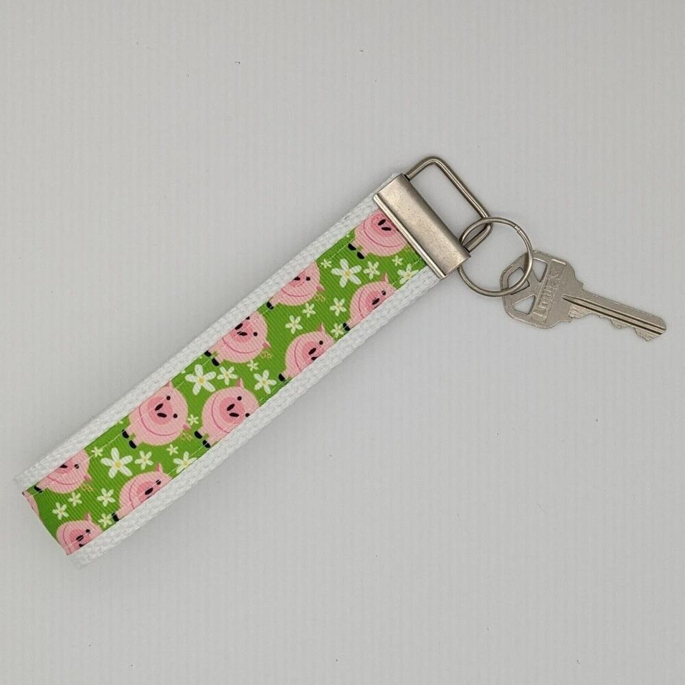 Pig Keychain Wristlet Fabric Key Ring FOB Green Piggy Farm Animals‎ Boho Gift